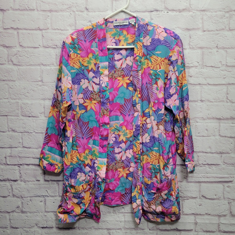 VTG Galinda Wang 100%‎ Silk Floral Blazer Jacket Womens 4 Retro Boho Resortwear